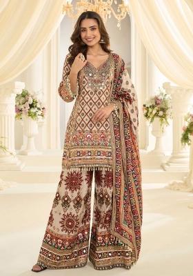 Beige Embroidery Silk Kurta Set