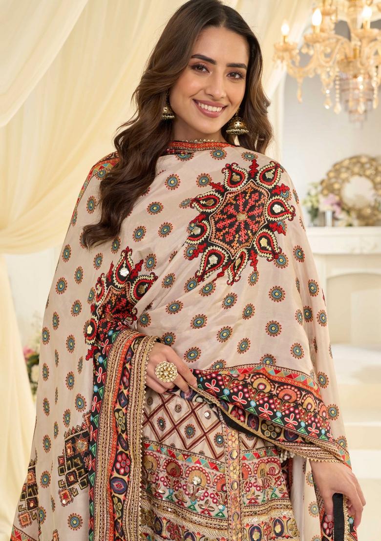 Beige Embroidery Silk Kurta Set - Indya