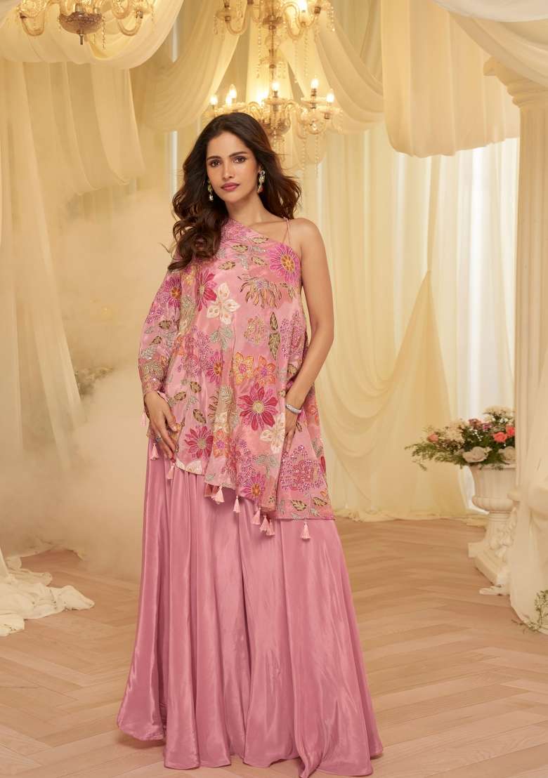 Pink Embroidery Viscose Kurta Set - Indya