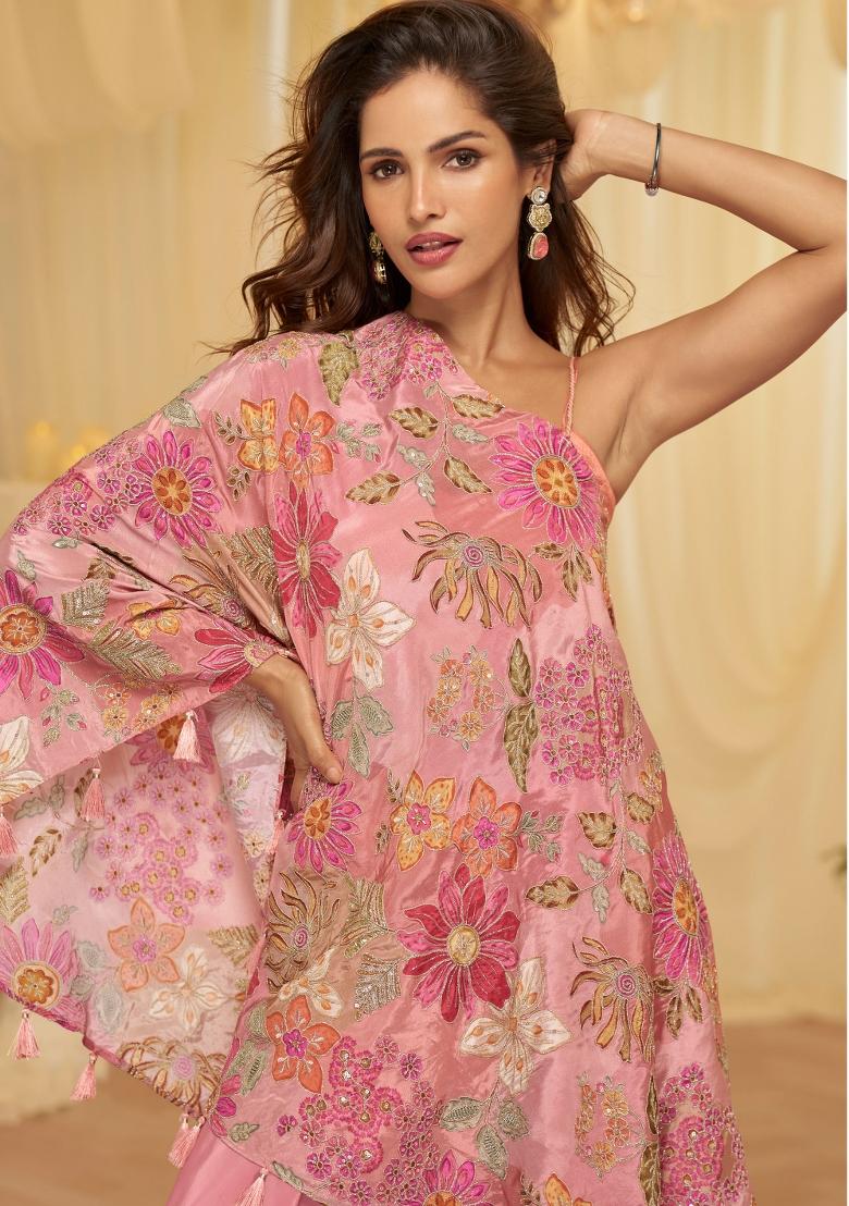 Pink Embroidery Viscose Kurta Set - Indya