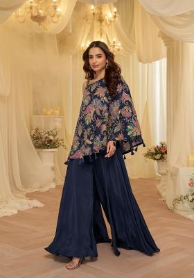 Navy Blue Embroidery Viscose Kurta Set