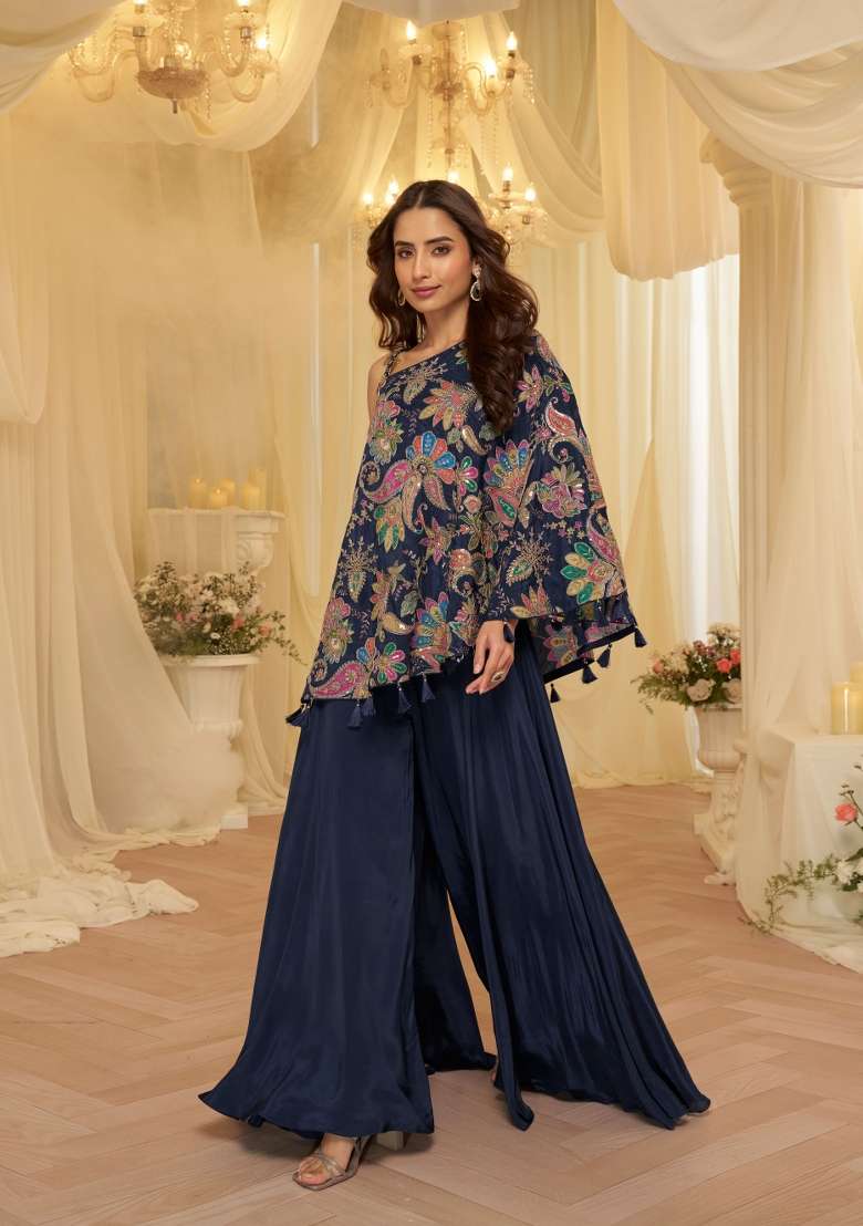 Navy Blue Embroidery Viscose Kurta Set - Indya
