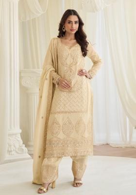 Cream Embroidery Silk Kurta Set