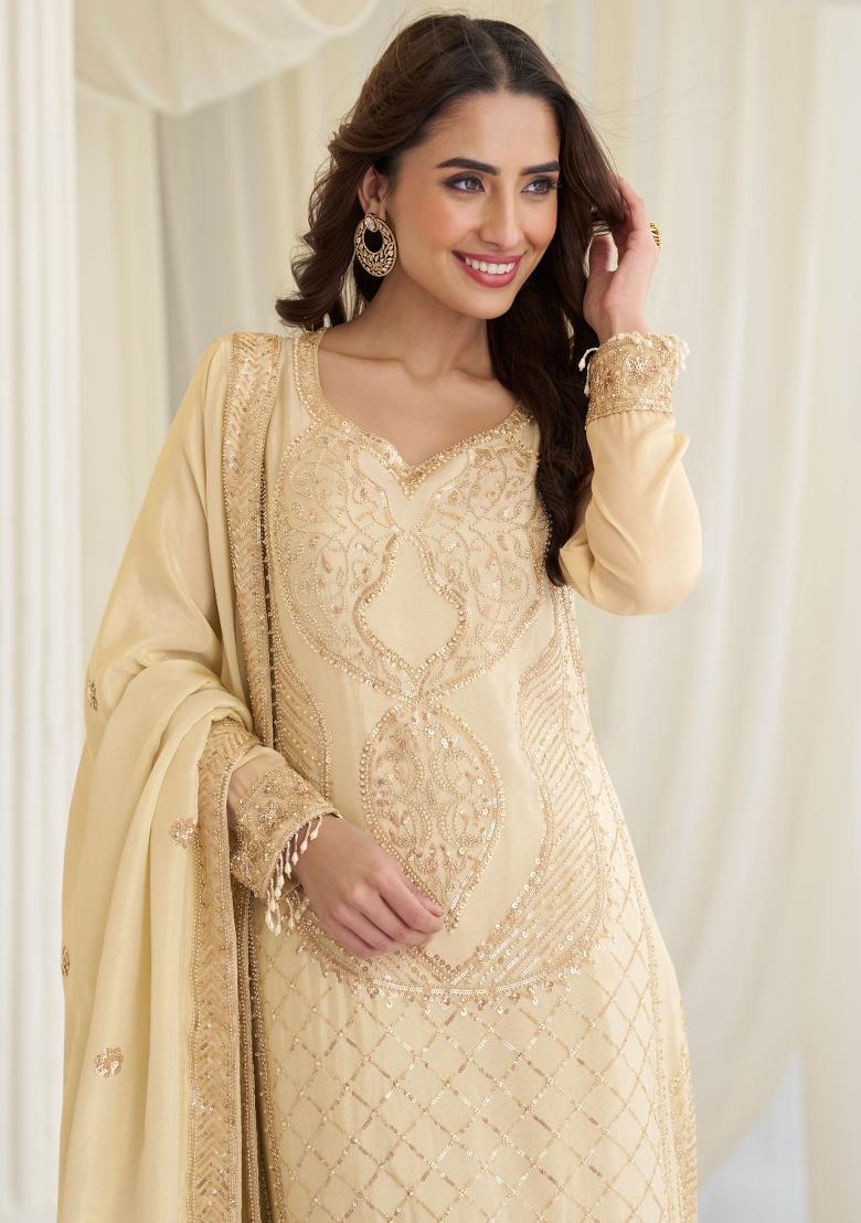 Cream Embroidery Silk Kurta Set - Indya