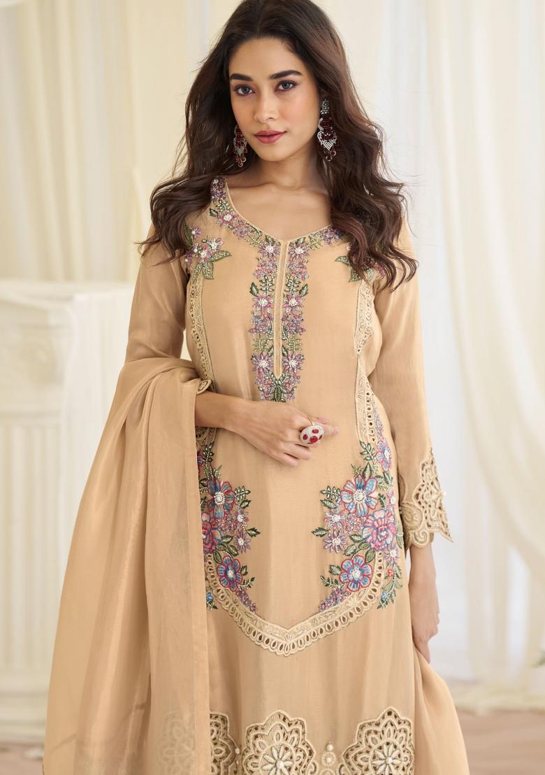Light Brown Embroidery Silk Kurta Set - Indya