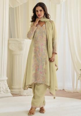 Beige Embroidery Silk Kurta Set