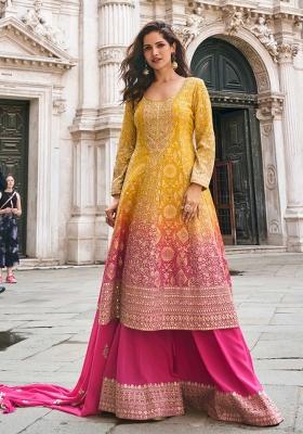 Mustard And Pink Embroidery Silk Kurta Set