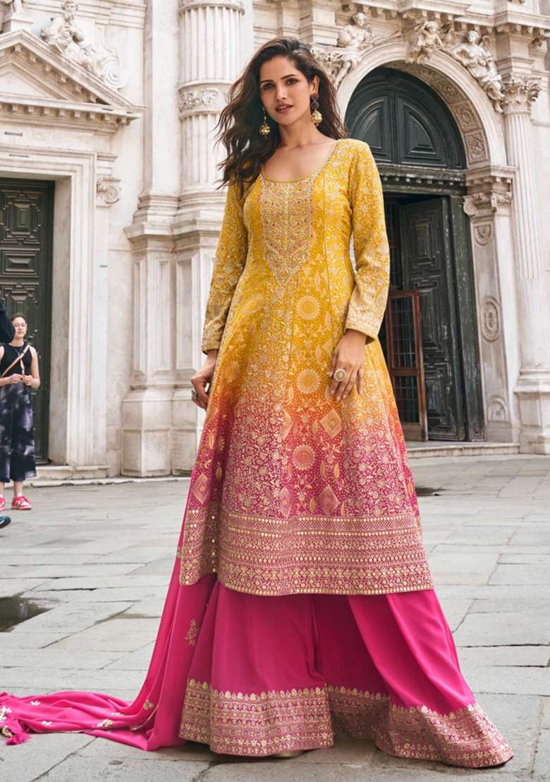 Mustard And Pink Embroidery Silk Blend Kurta Set - Indya