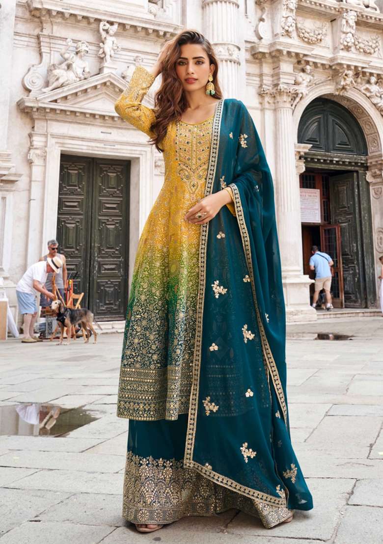 Mustard And Dark Blue Embroidery Silk Kurta Set - Indya