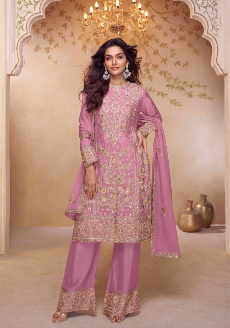 Pink Embroidery Chinon Kurta Set - Indya