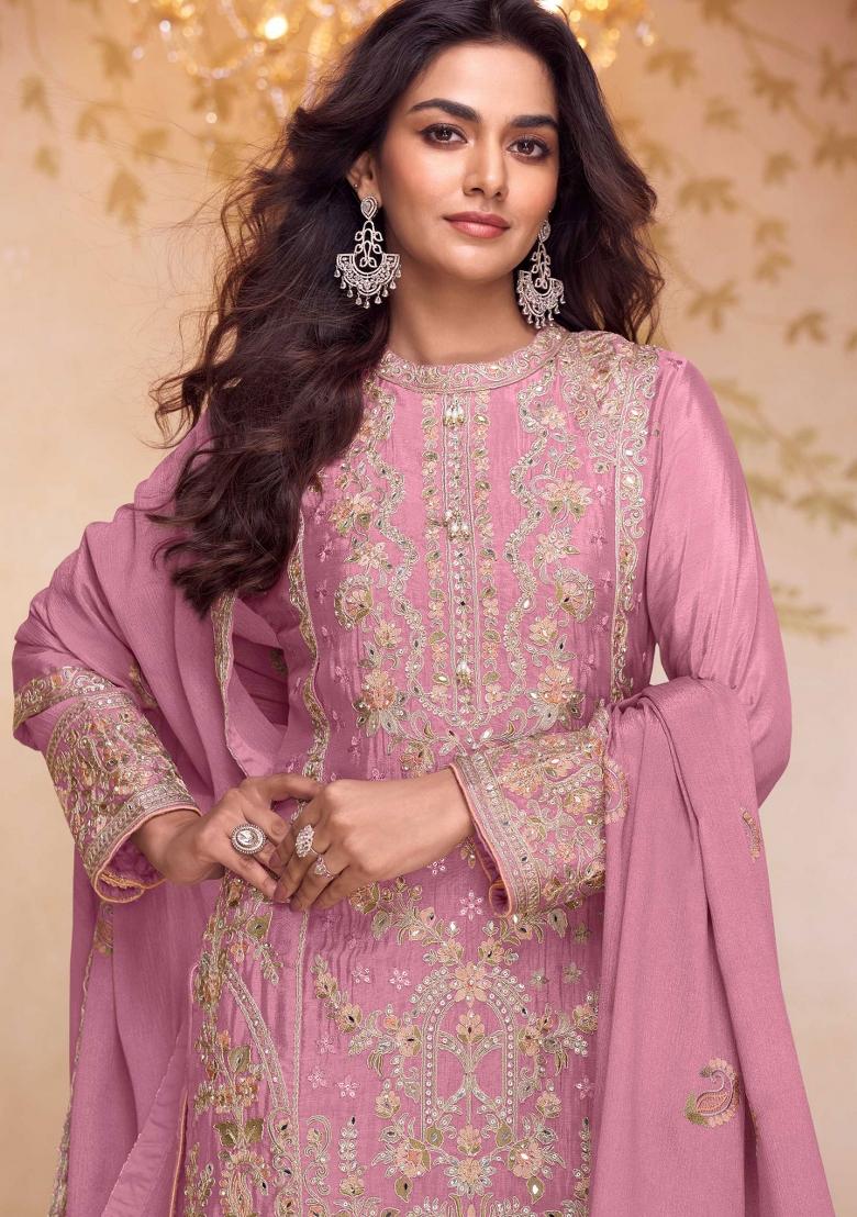 Pink Embroidery Chinon Kurta Set - Indya