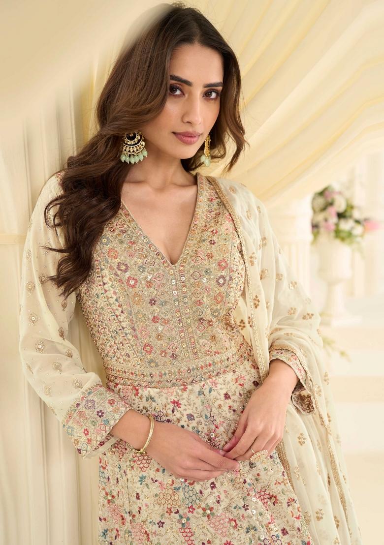 Off White Embroidery Georgette Kurta With Dupatta - Indya