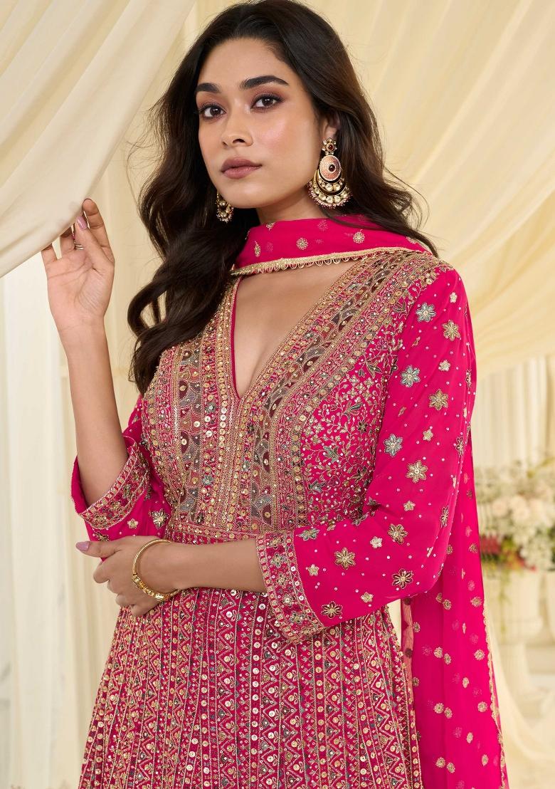 Rani Pink Embroidery Georgette Kurta With Dupatta - Indya