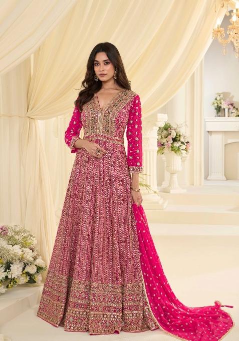 Rani Pink Embroidery Georgette Kurta With Dupatta — view on Indya