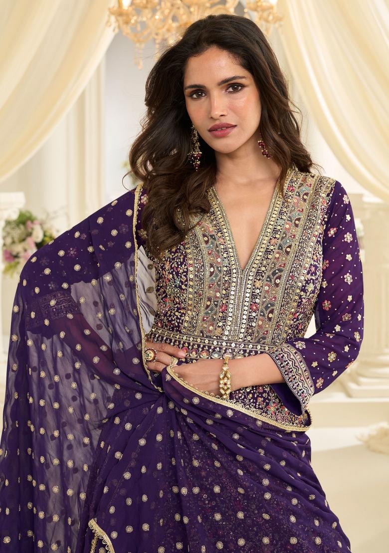 Purple Embroidery Georgette Kurta With Dupatta - Indya