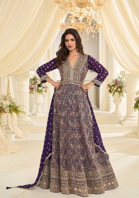 Purple Embroidery Georgette Kurta With Dupatta