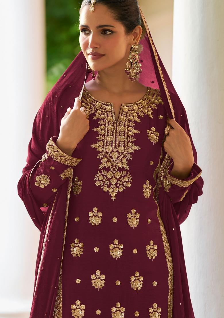 Maroon Embroidery Chinon Kurta Set - Indya