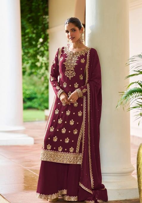Maroon Embroidery Chinon Kurta Set