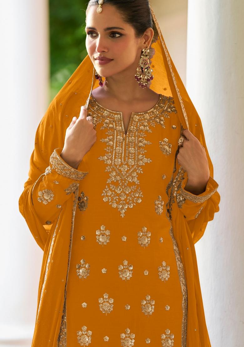 Mustard Embroidery Chinon Kurta Set - Indya