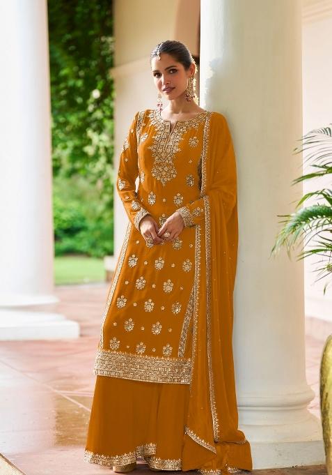 Mustard Embroidery Chinon Kurta Set