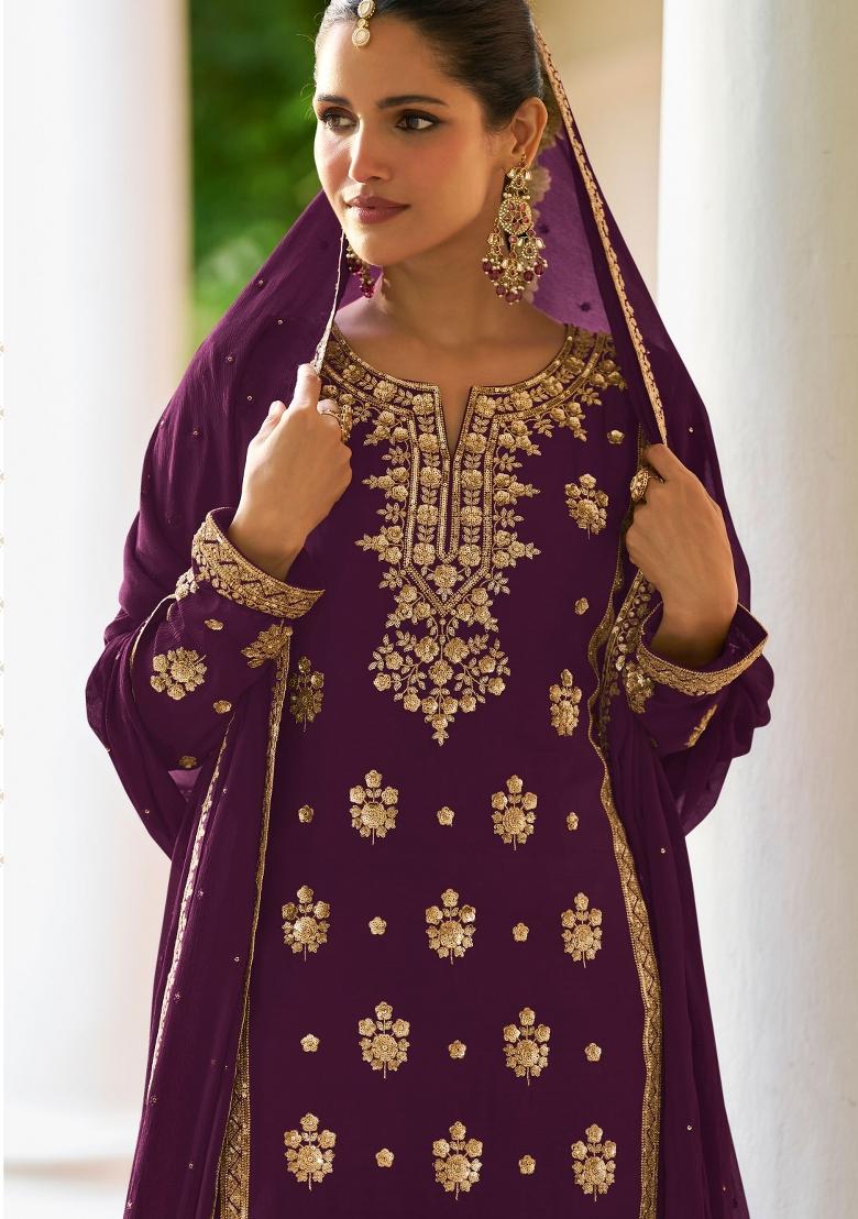 Purple Embroidery Chinon Kurta Set - Indya