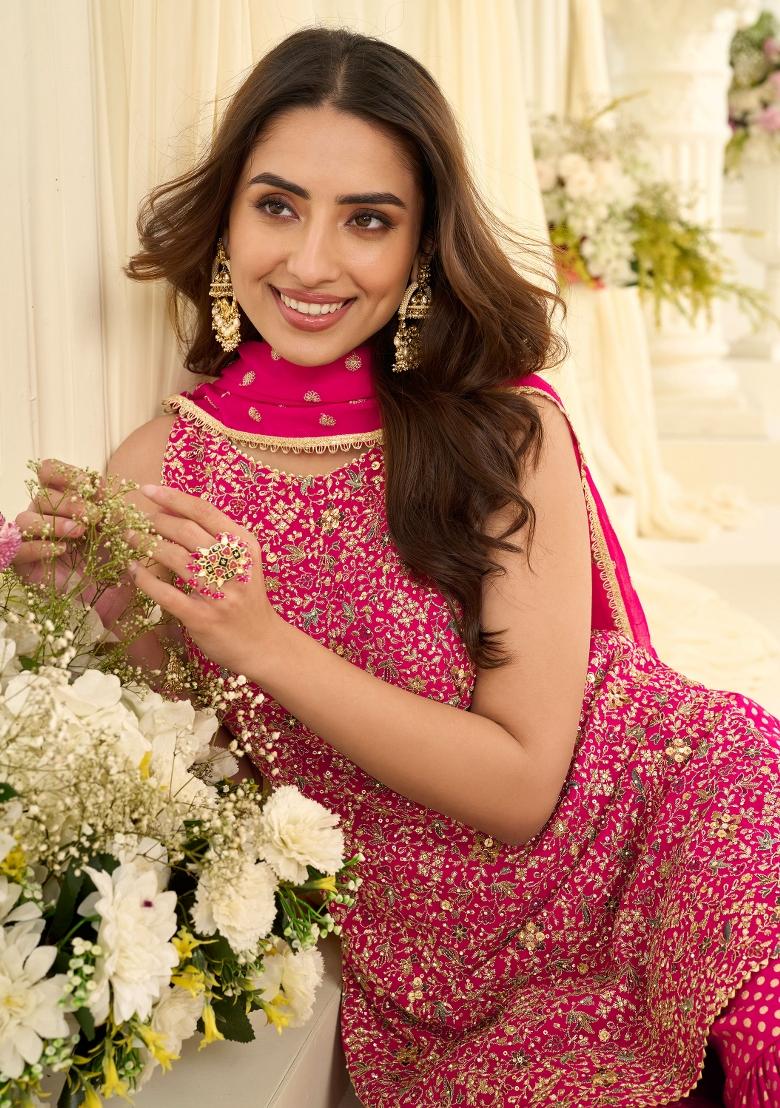 Rani Pink Embroidery Georgette Kurta Set - Indya