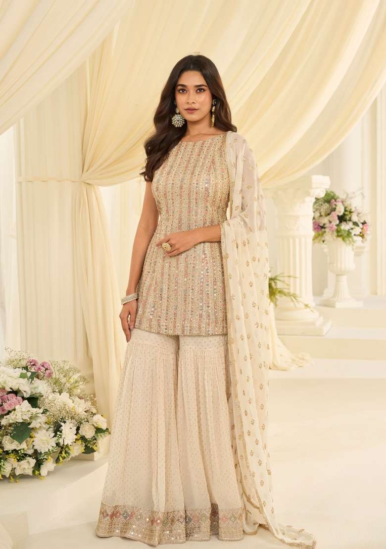 Cream Embroidery Georgette Kurta Set - Indya