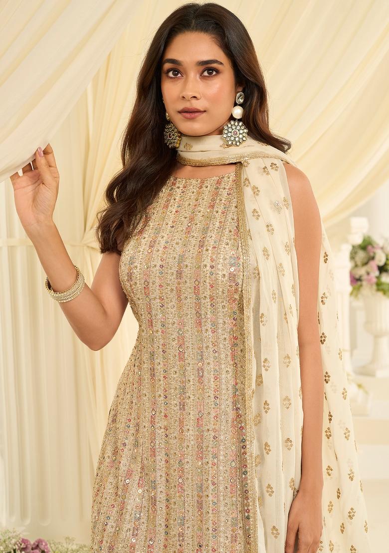 Cream Embroidery Georgette Kurta Set - Indya