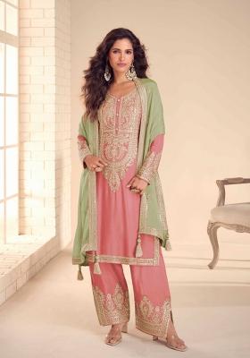 Pink Embroidery Chinon Kurta Set