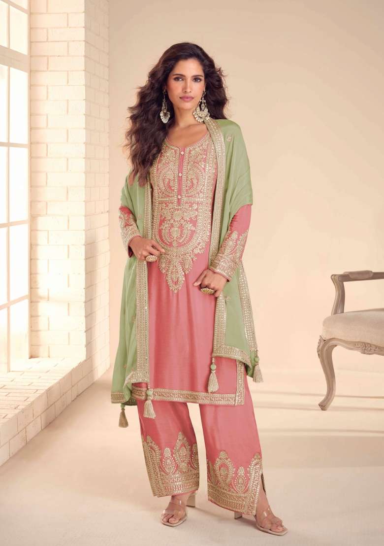 Pink Embroidery Chinon Kurta Set - Indya