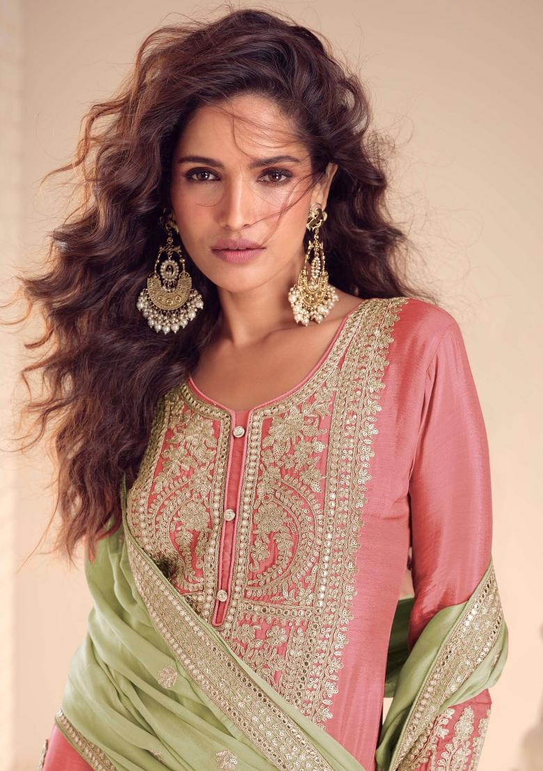 Pink Embroidery Chinon Kurta Set - Indya