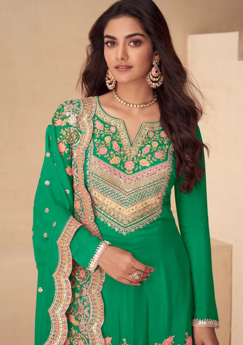 Green Embroidery Chinon Kurta Set - Indya