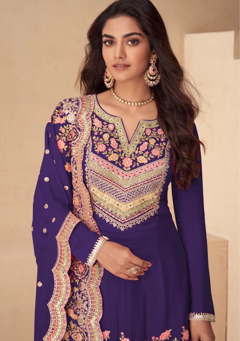 Purple Embroidery Chinon Kurta Set - Indya