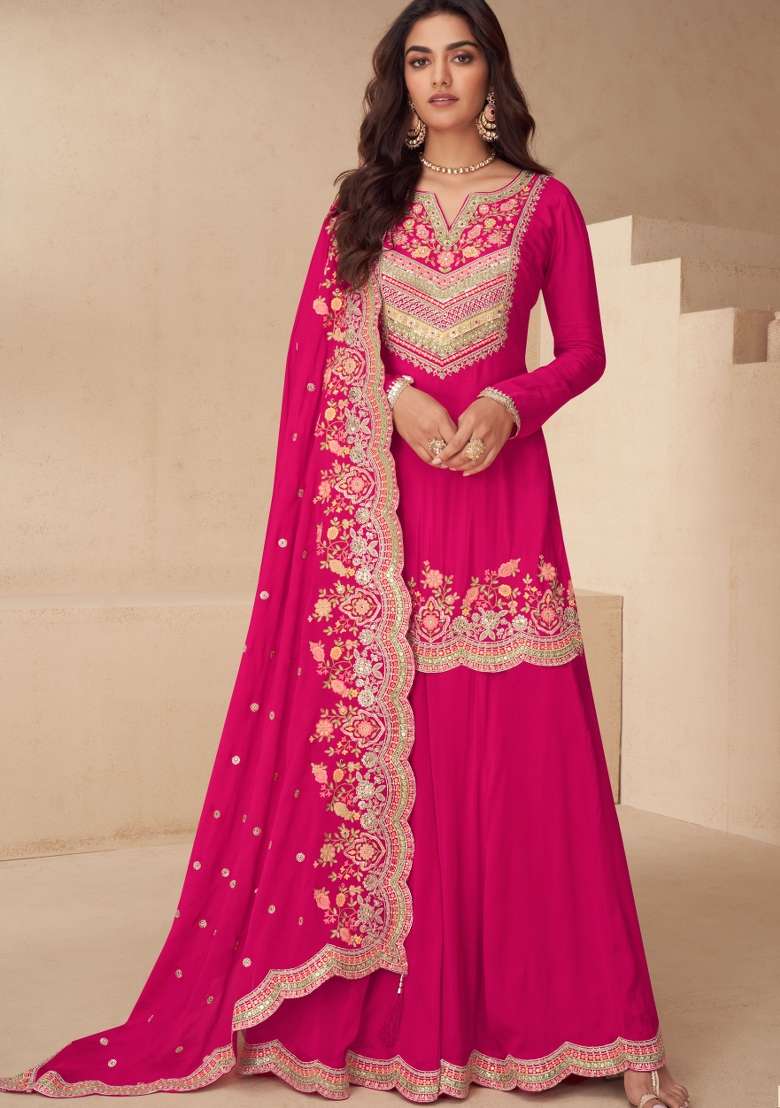Rani Pink Embroidery Chinon Kurta Set - Indya