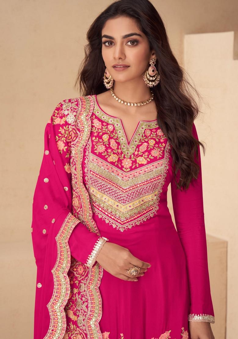 Rani Pink Embroidery Chinon Kurta Set - Indya