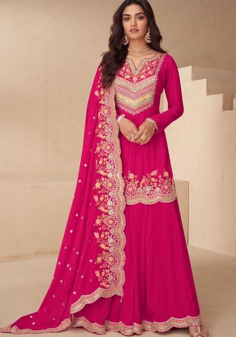 Rani Pink Embroidery Chinon Kurta Set
