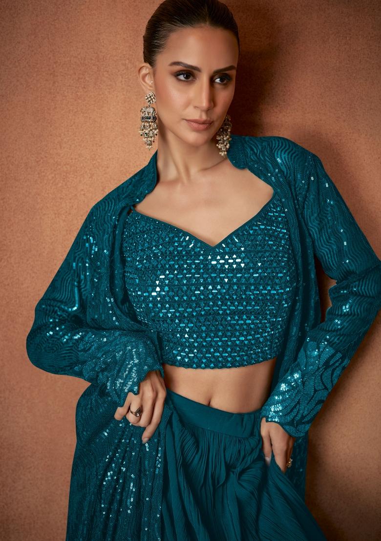 Blue Embroidery Georgette Kurta Set - Indya