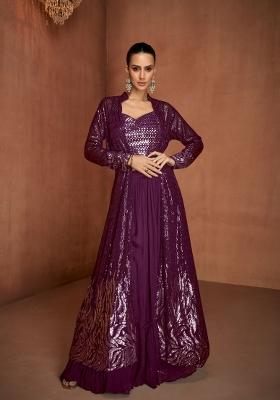 Wine Embroidery Georgette Kurta Set