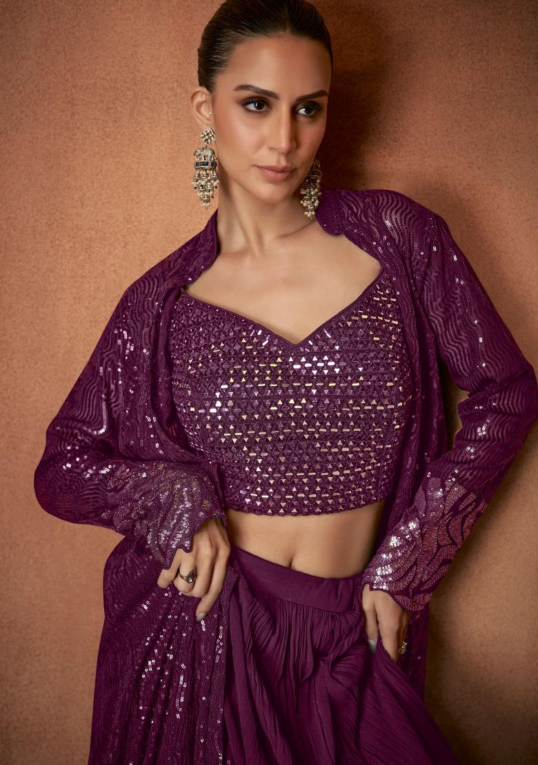 Wine Embroidery Georgette Kurta Set - Indya