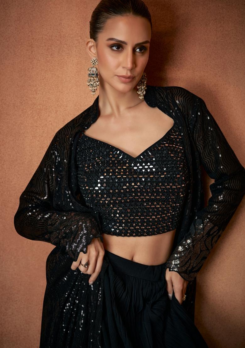 Black Embroidery Georgette Kurta Set - Indya