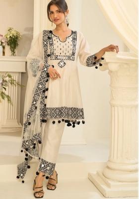 Off White Embroidery Silk Kurta Set
