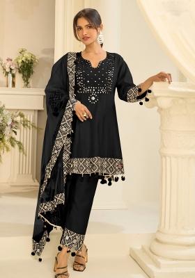 Black Embroidery Silk Kurta Set