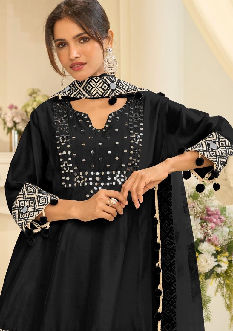 Black Embroidery Silk Kurta Set - Indya