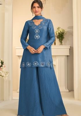 Blue Embroidery Silk Kurta Set