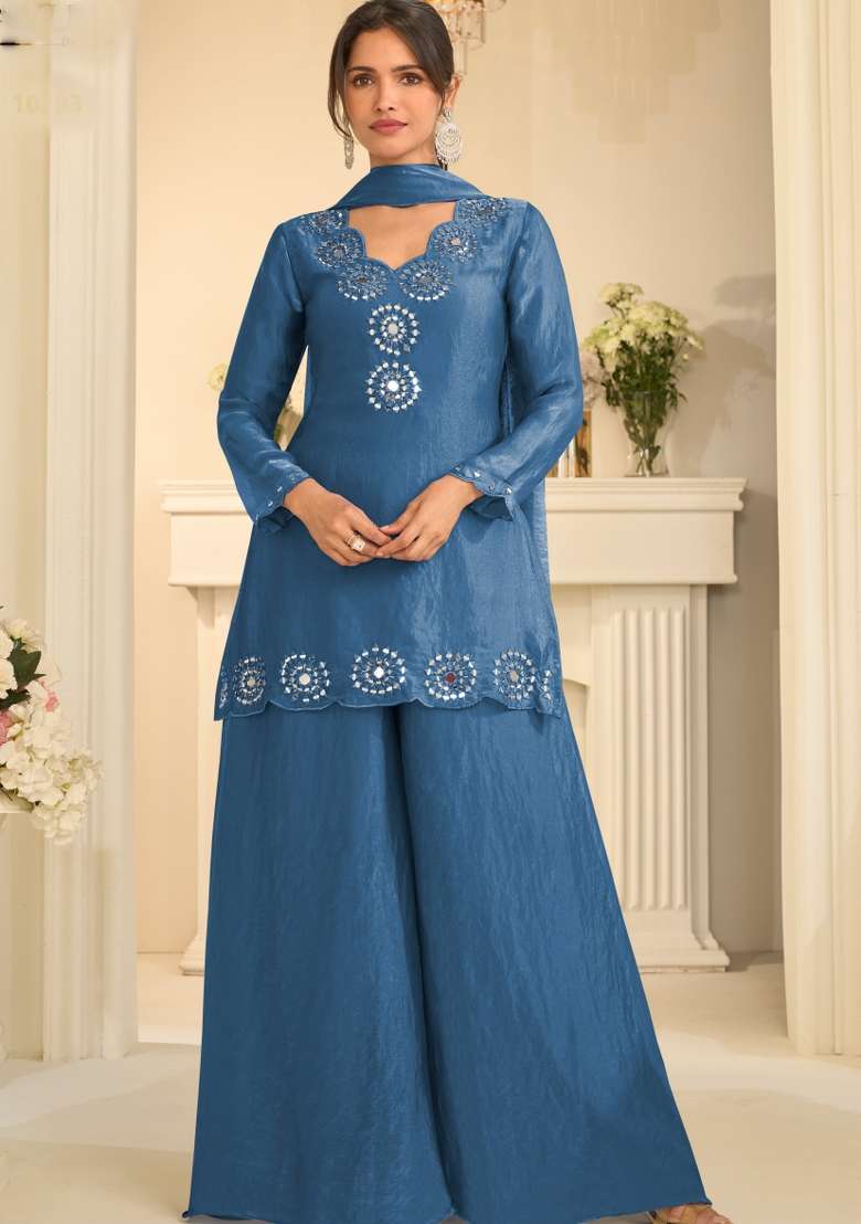 Blue Embroidery Silk Blend Kurta Set - Indya