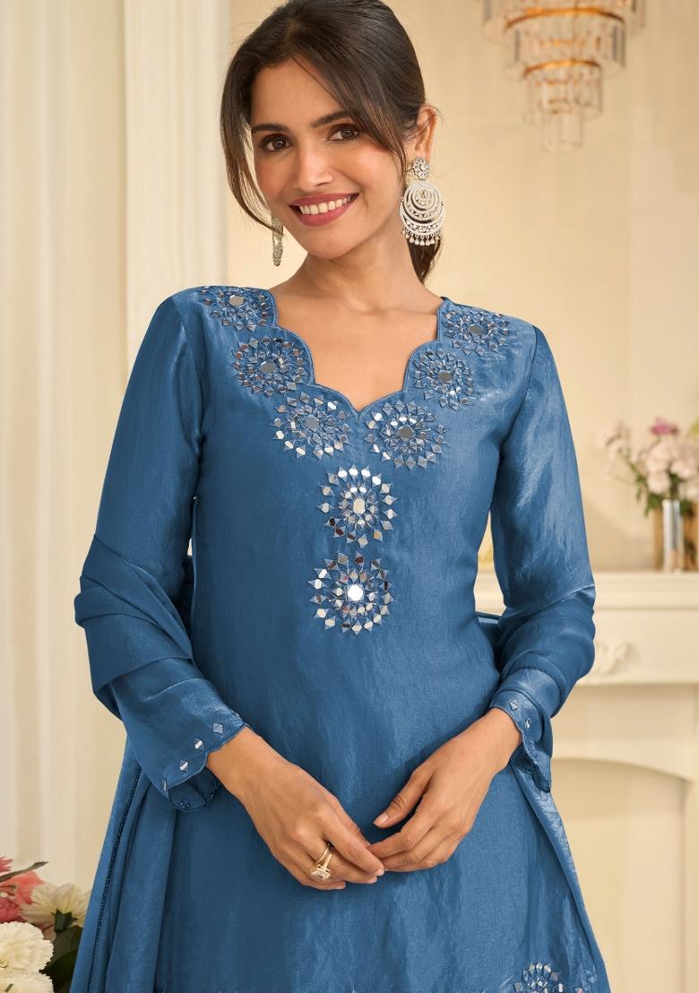 Blue Embroidery Silk Kurta Set - Indya