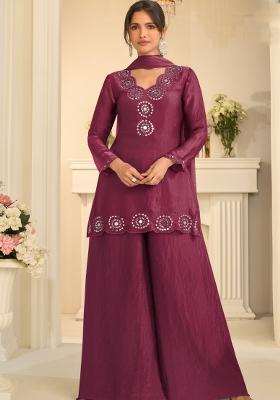 Wine Embroidery Silk Kurta Set