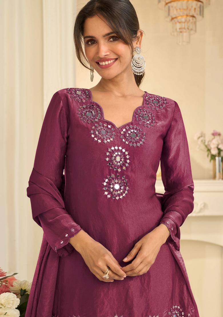 Wine Embroidery Silk Kurta Set - Indya