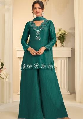 Teal Green Embroidery Silk Kurta Set
