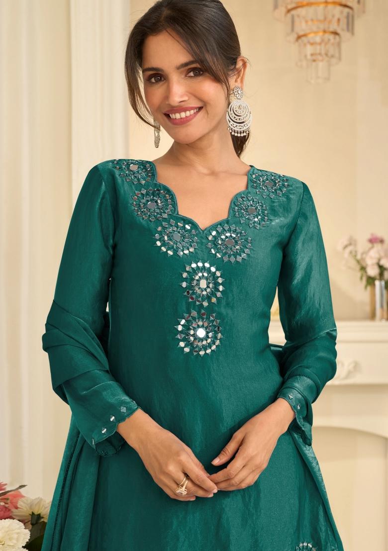 Teal Green Embroidery Silk Kurta Set - Indya